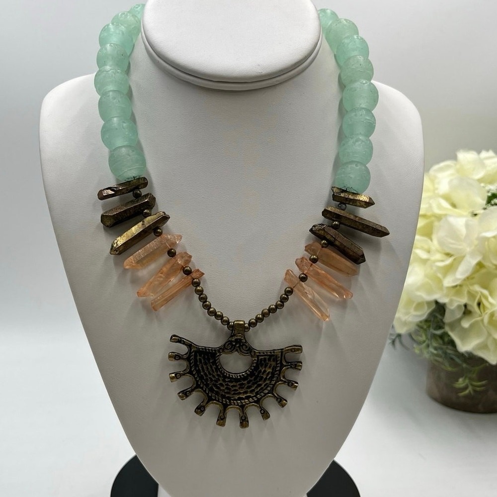 Joney Wood Artisan Boho Green Aventurine Orange Quartz Sun Pendant Necklace